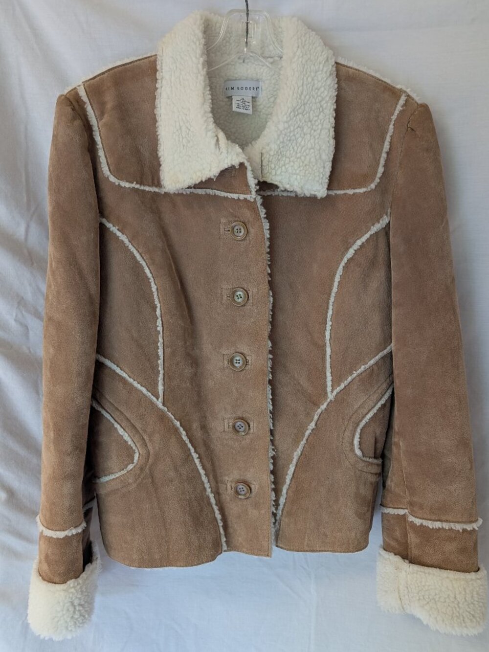Kim Rogers Genuine Suede Leather Sherpa Trim Jacket Tan Boho Western Women's M